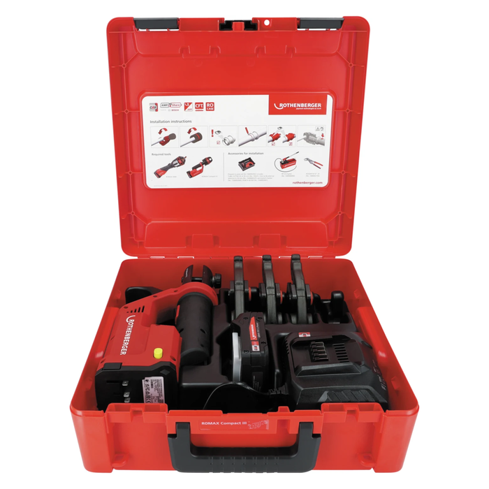 SET: Pressatrice a batteria ROMAX COMPACT III ROTHENBERGER con ganasce U 16–20–25 mm, CAS