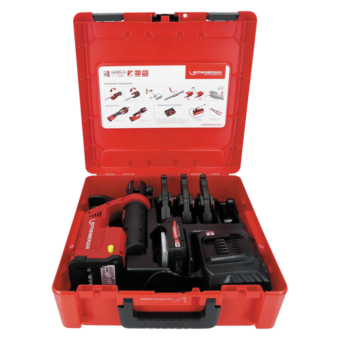 SET: Pressatrice a batteria ROMAX COMPACT III ROTHENBERGER con ganasce RFz 16–20–25 mm, CAS