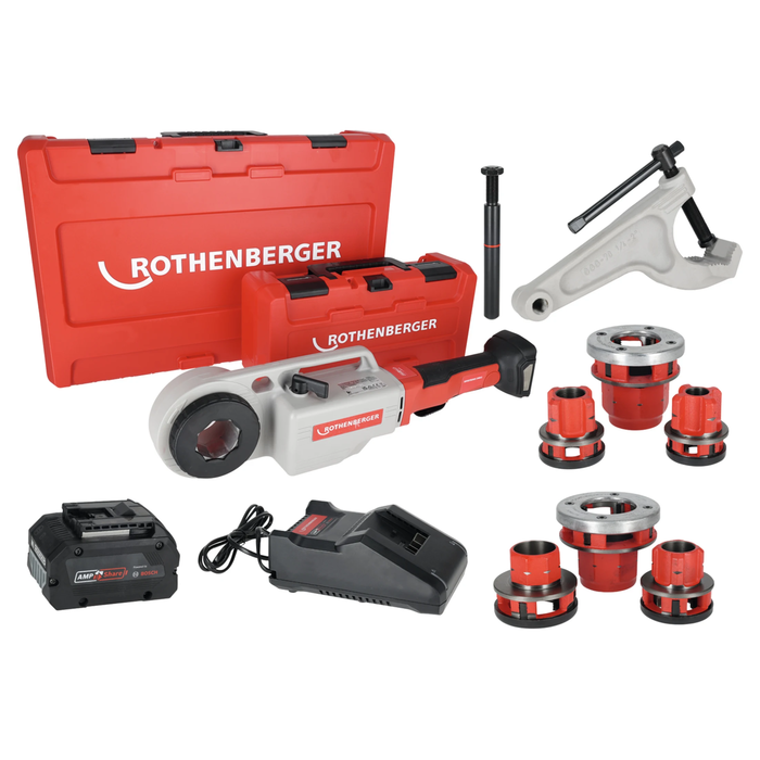 SET: Cordless threader ROTHENBERGER SUPERTRONIC 2000 E with threading heads BSPT R 1/2–2″ and battery and charger in AMPShare system