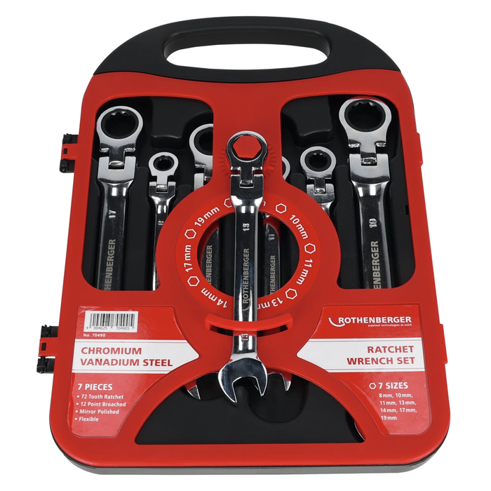 Set of 7 ratchet combination wrenches with joint ROTHENBERGER ROCLICK