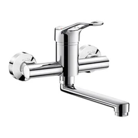 Foto di Miscelatore meccanico a parete DELABIE con regolatore di pressione, per lavabo, con bocca girevole L. 200 mm, eccentrici STOP/CHECK, maniglia traforata