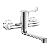 Foto di Miscelatore meccanico a parete DELABIE con regolatore di pressione, per lavabo, con bocca girevole L. 200 mm, eccentrici standard, maniglia HIGIENA