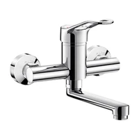 Foto di Miscelatore meccanico a parete DELABIE per lavabo, con bocca girevole L. 150 mm, eccentrici STOP/CHECK, maniglia traforata