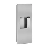 Photo of DELABIE recessed module with paper towel dispenser and 10L waste bin, satin stainless steel